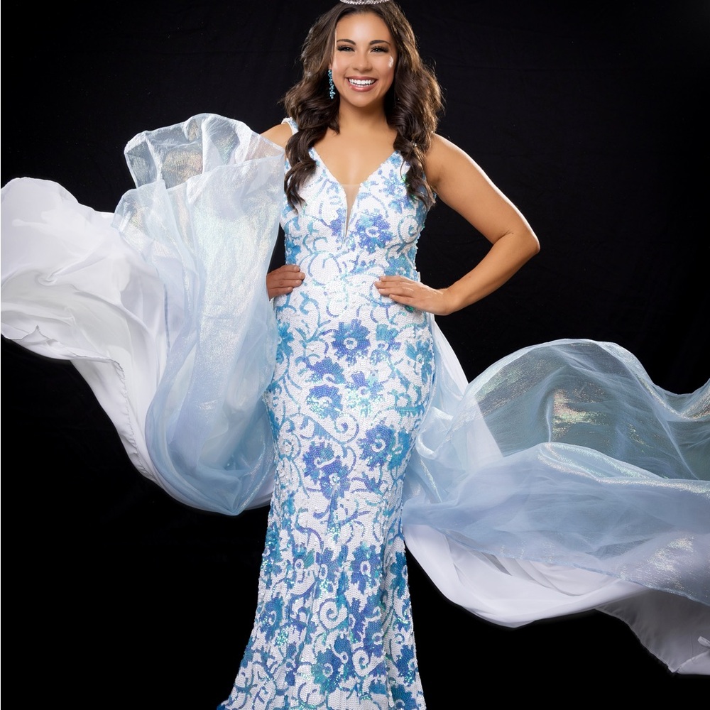 Jovani Backless Blue and White Dress with Custom Overskirt